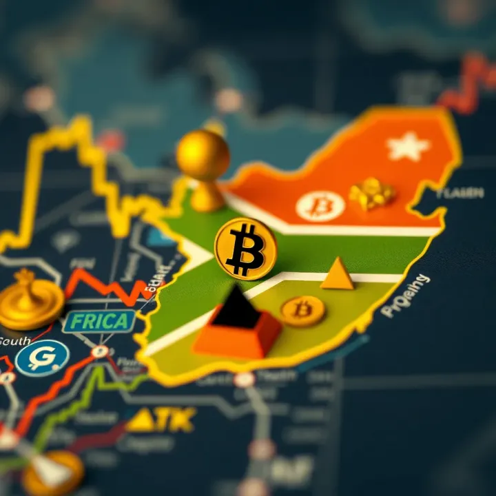 Map of South Africa with crypto trading icons and regulatory symbols