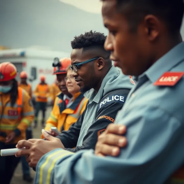 Community members collaborating in a disaster response drill with emergency services in Cape Town