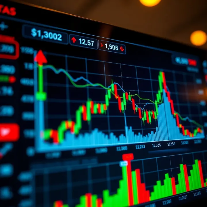 Graph illustrating currency pairs with upward and downward trends on a digital forex trading platform