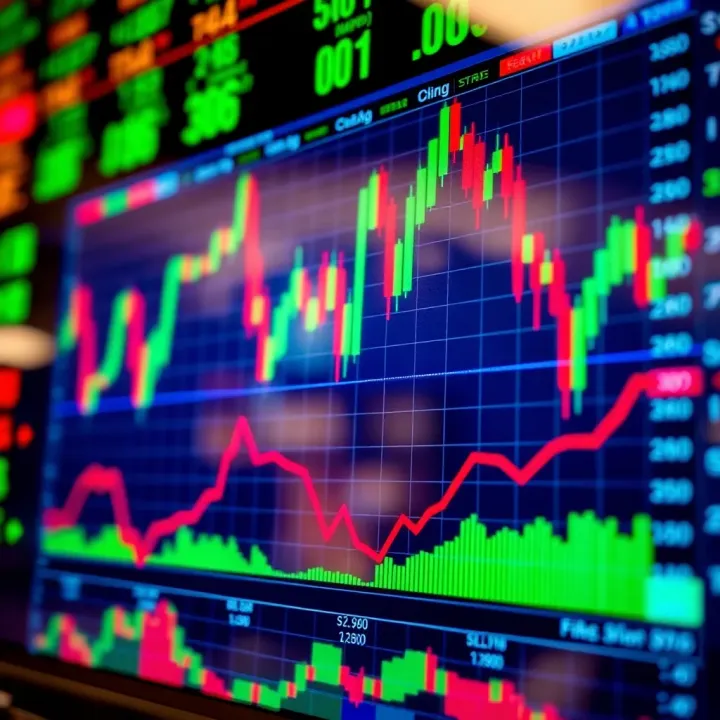 Graph displaying currency exchange rates and trading indicators on a digital screen
