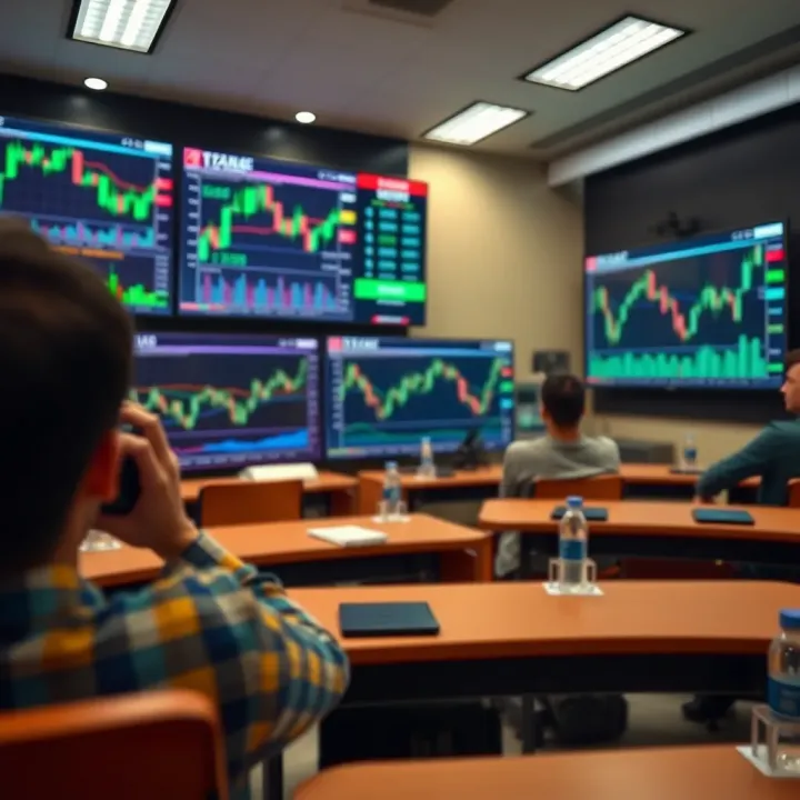 Illustration showing a classroom setting with charts and graphs related to forex trading on digital screens