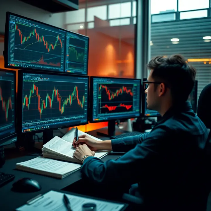 Analyzing Forex Market Trends Using Educational Resources and Multi-Screen Setup Visualization of a person analyzing forex market trends on multiple monitors with educational materials nearby