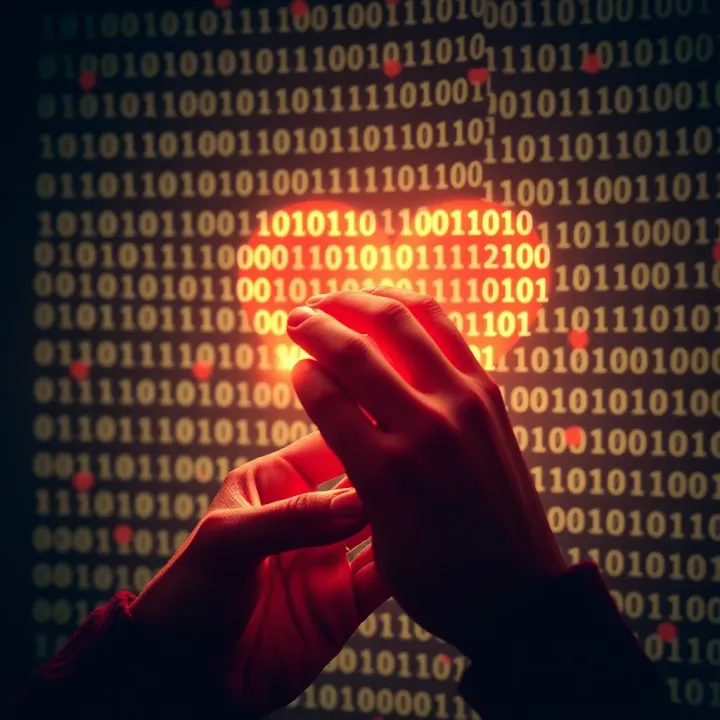 Creative digital communication concept showing binary digits forming a heart shape symbolizing love expressed through technology