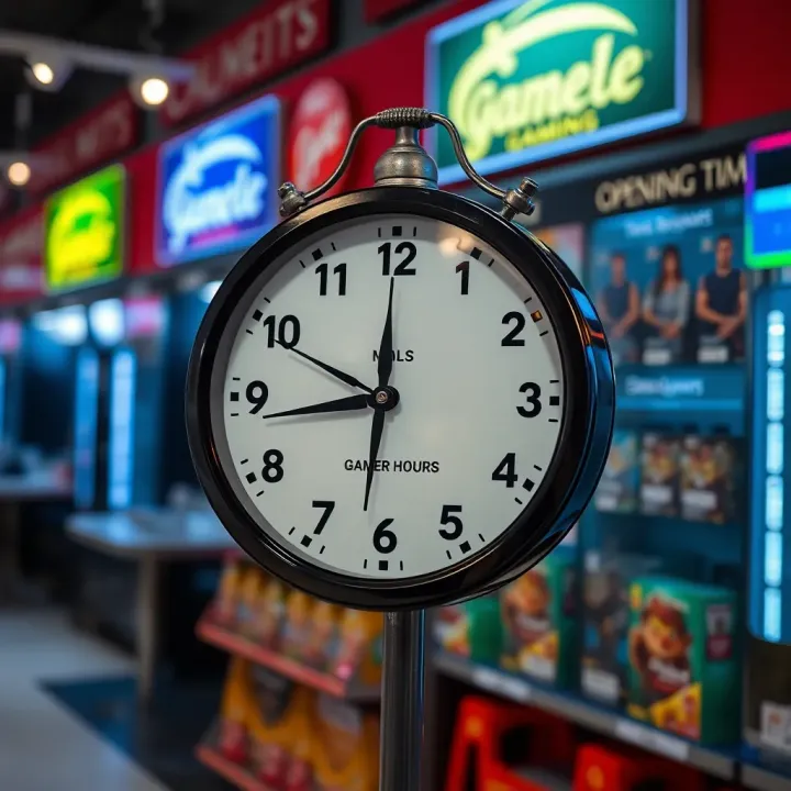 Clock showing typical opening and closing times for gaming stores in Cresta