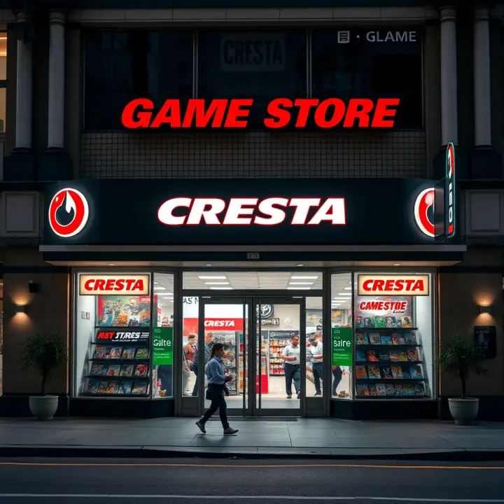Exterior view of Cresta Game Store showing storefront and entrance during the day