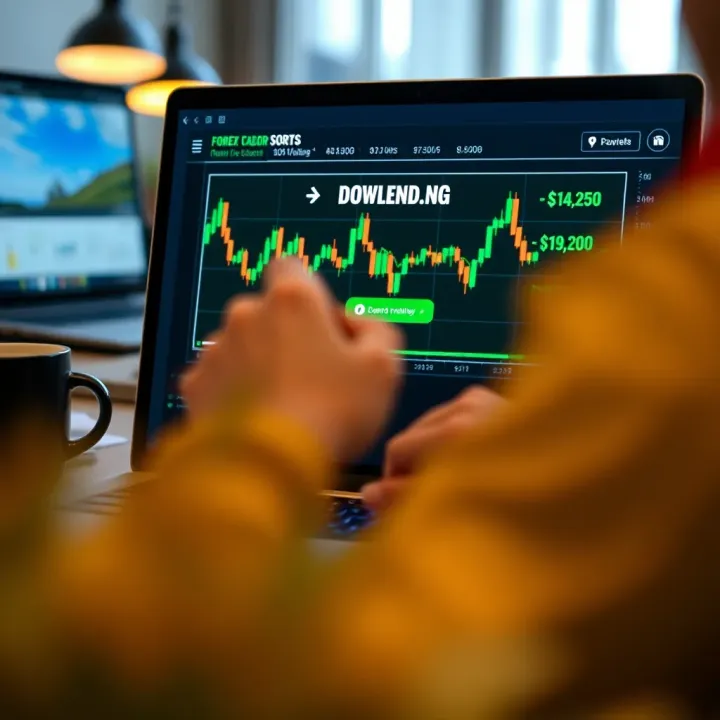 Illustration of downloading forex trading software on a laptop showing progress bar and currency symbols