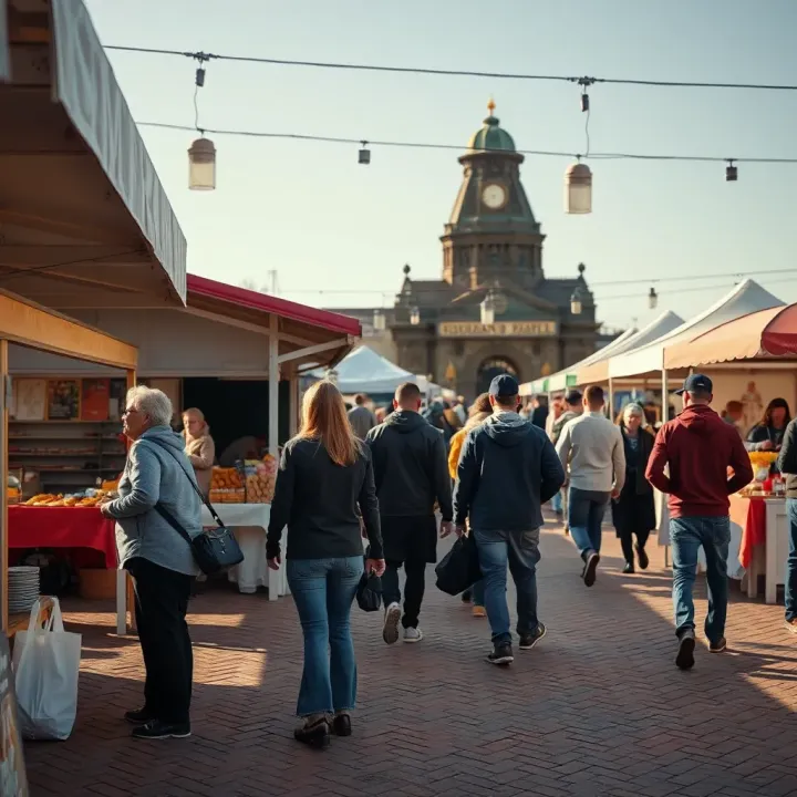 Visitors exploring various food and craft booths in an outdoor market setting on a clear weekend morning