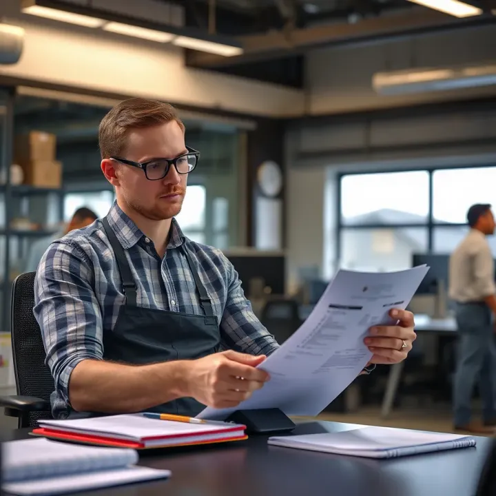 Reviewing Vehicle Maintenance and Regulatory Compliance for Fleet Management Fleet manager reviewing vehicle maintenance checklist and compliance documents in office