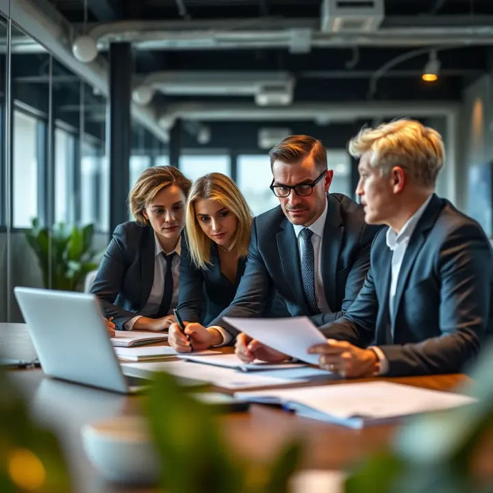 Business professionals collaborating on risk assessment and strategy planning in a modern office environment