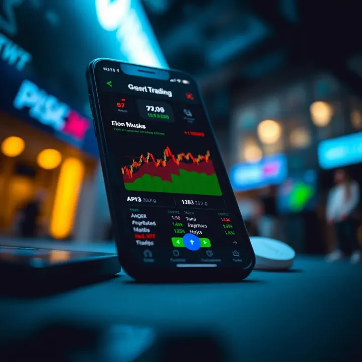 Smartphone displaying Elon Musk's new trading app interface with charts and trading options