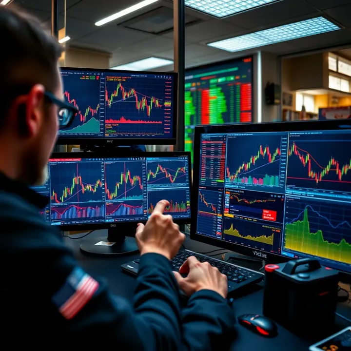 A trader analyzing charts and economic news on multiple screens to make informed trading decisions