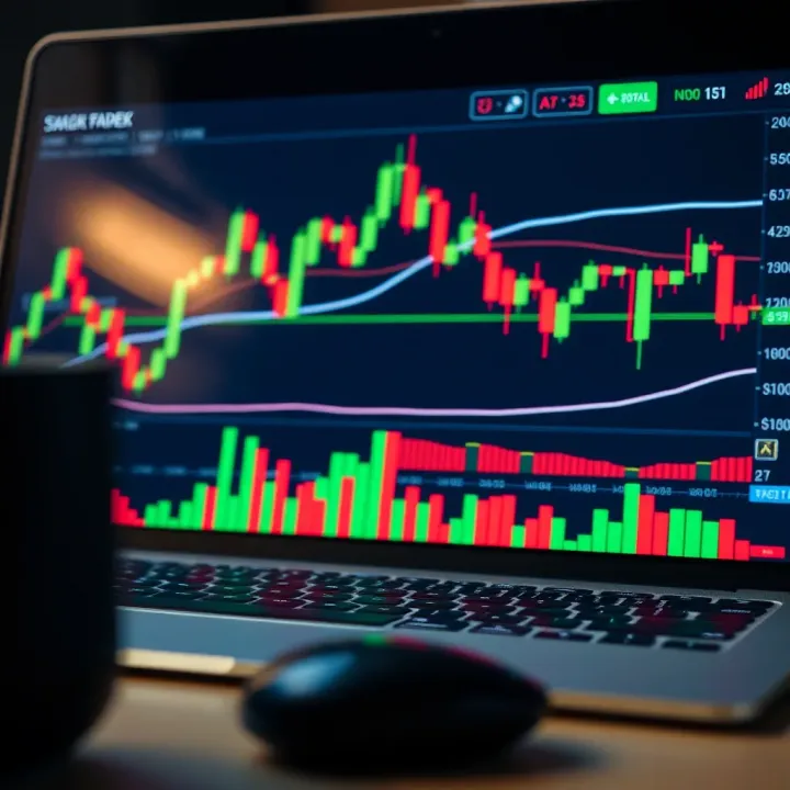 Graph showing currency exchange trends with technical indicators and candlestick patterns on a digital trading platform