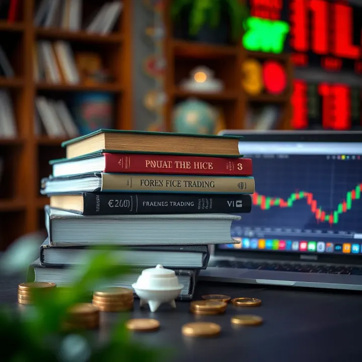 Stack of forex trading books with currency symbols and a laptop displaying market analysis