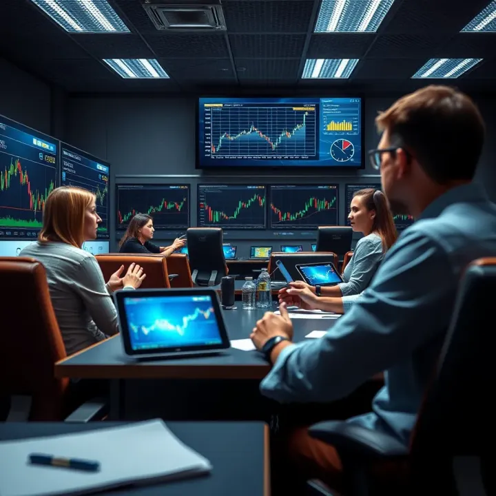 Classroom setting with a trainer explaining forex trading concepts using charts and graphs