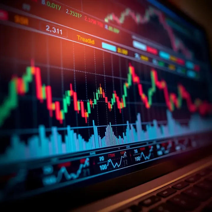 Graph showing currency price fluctuations with technical indicators like moving averages and RSI