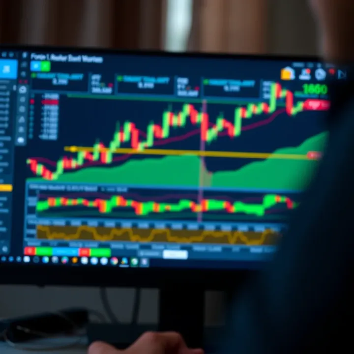 Forex Trading Platform Interface with Market Analysis Close-up of computer screen displaying forex trading platform with financial charts