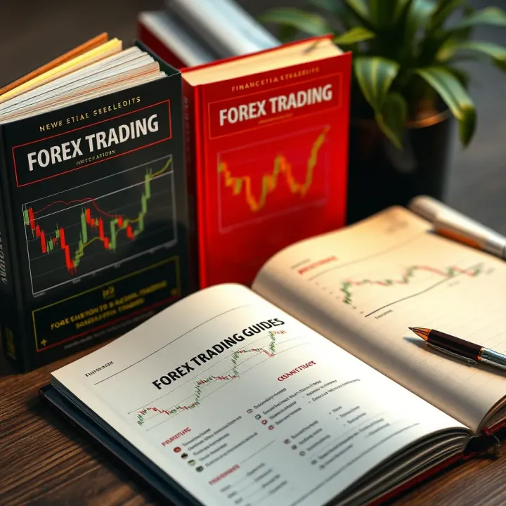 Forex Trading Guides Covering Strategies and Risk Management Open book with forex charts and graphs displayed alongside notebooks and pen for note-taking