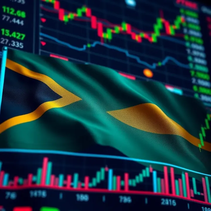 South African flag with financial charts and forex trading symbols