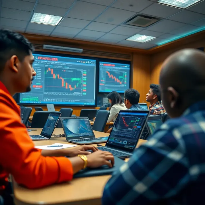 Classroom setting with students engaging in forex trading lessons using laptops
