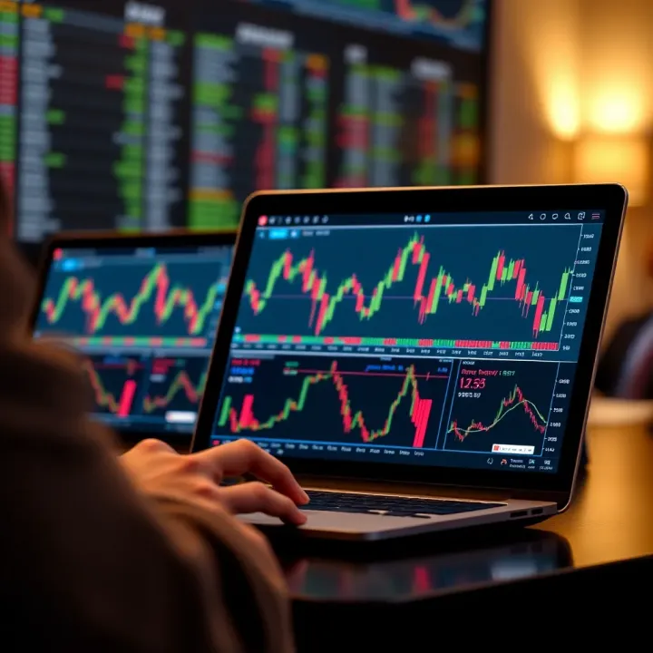 Forex Market Analysis and Strategy Session in Durban Close-up of a laptop showing forex charts and data analysis during a seminar session