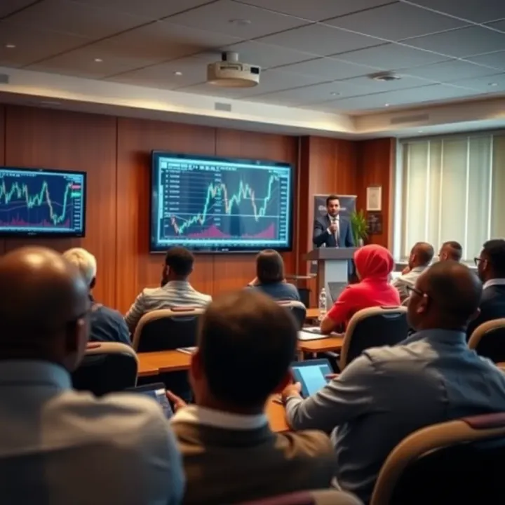 A classroom setting with a speaker explaining forex trading concepts on a digital screen to an attentive audience in Durban