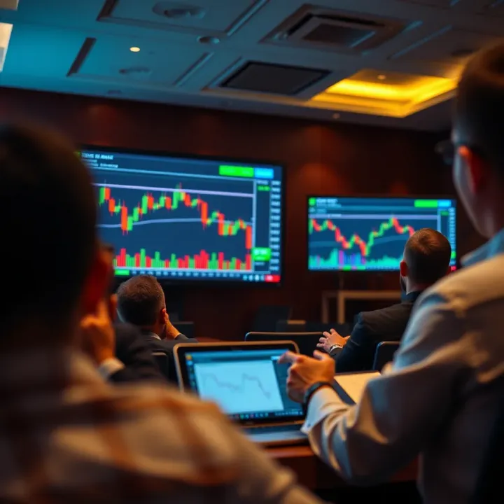 Close-up of a forex trading seminar with a presenter explaining market charts on a screen