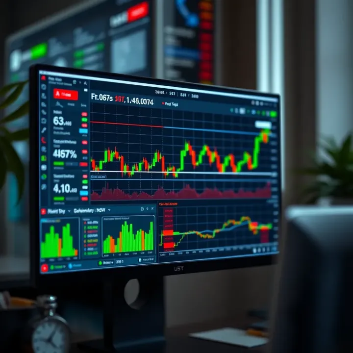 Illustration of a computer screen displaying forex trading tools and risk management indicators