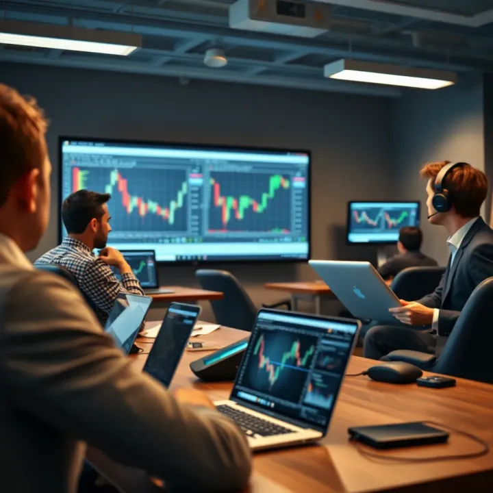 A modern classroom setup with students engaging in a forex trading workshop on laptops
