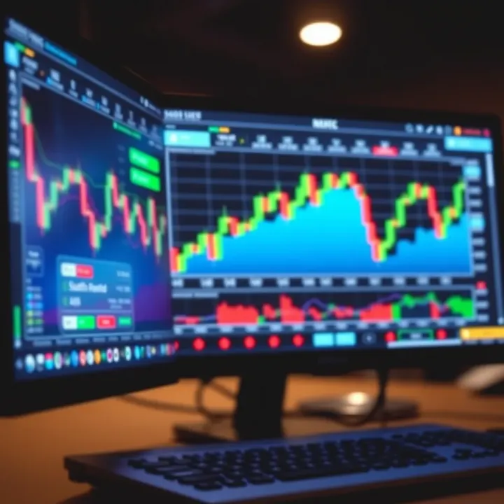 Forex Trading Platform with South African Rand Analysis Illustration showing a digital forex trading platform with South African Rand charts and graphs