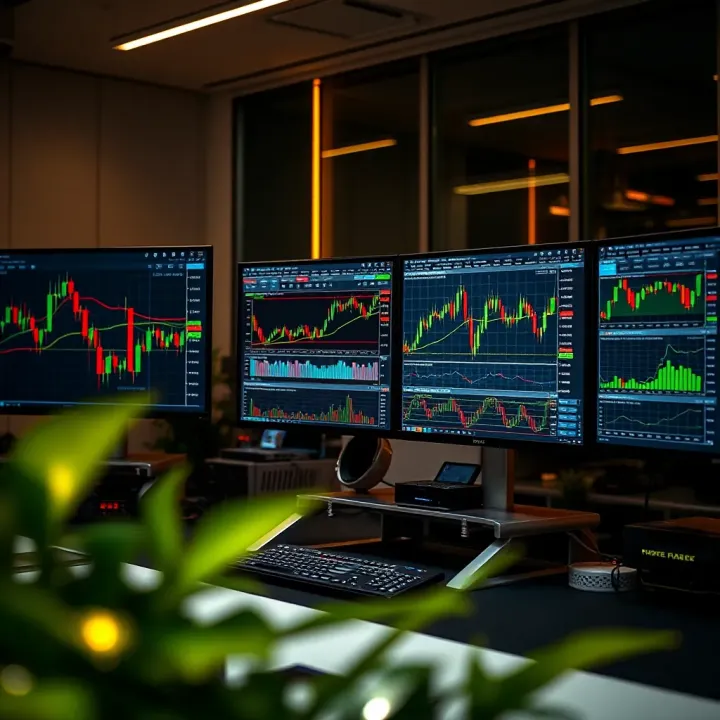 Forex trading workstation with multiple screens displaying currency charts and graphs under ambient lighting