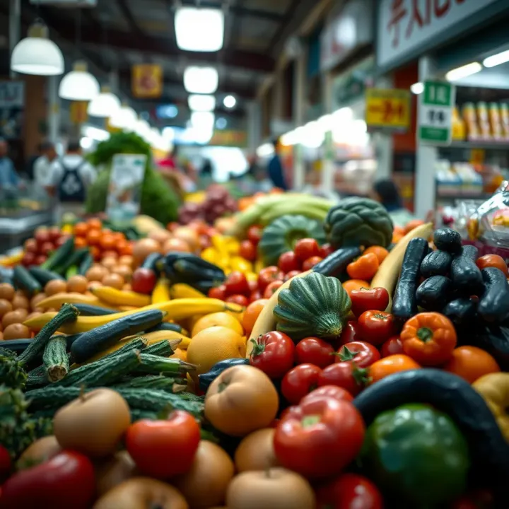 Fresh fruits and vegetables displayed at Tokai Market with natural lighting