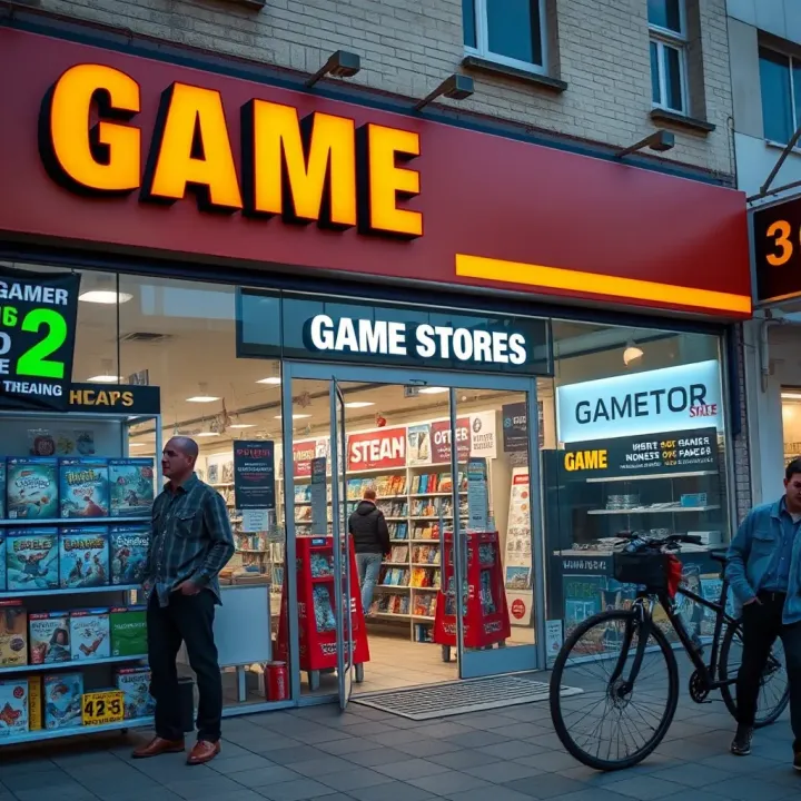 Wide view of a game store storefront in Port Elizabeth with visible opening hours