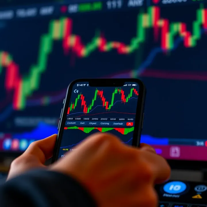 Mobile phone displaying forex trading app interface with charts and market data