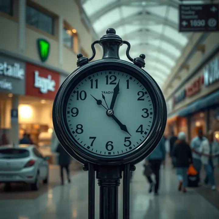Trading Hours Display for Highland Mews in Witbank Clock showing trading hours with background of local Witbank stores