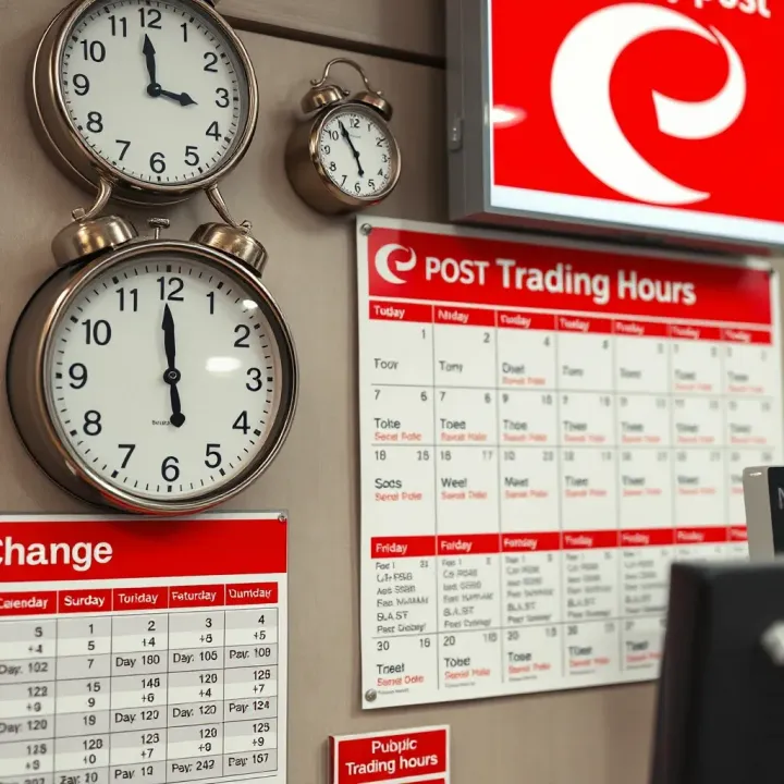 Trading Hours and Holiday Schedule at Highveld Post Office Clock and calendar indicating public holiday changes in trading hours at a postal facility