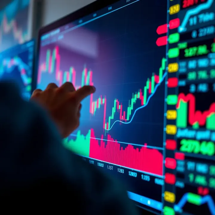 Graph showing currency trading trends on a digital screen with indicators