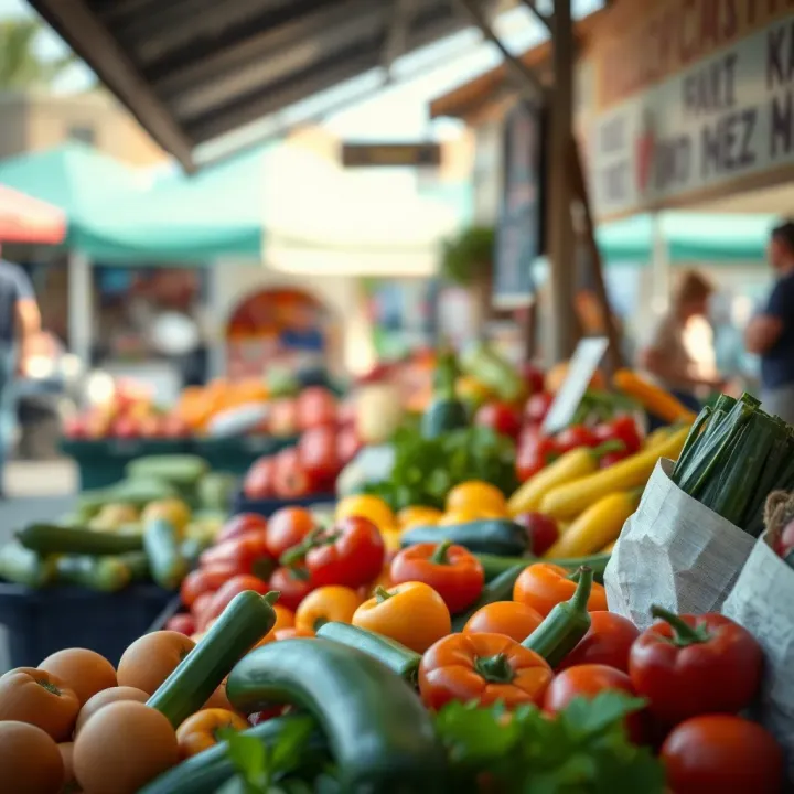 Fresh fruits and vegetables displayed at an outdoor market stall in Kenilworth
