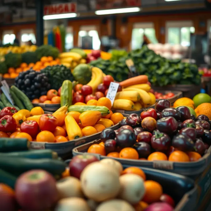 Colorful assortment of seasonal fruits and vegetables available for purchase