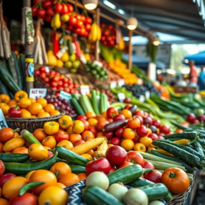 Colorful fresh fruits and vegetables displayed at an outdoor market stall in Knysna