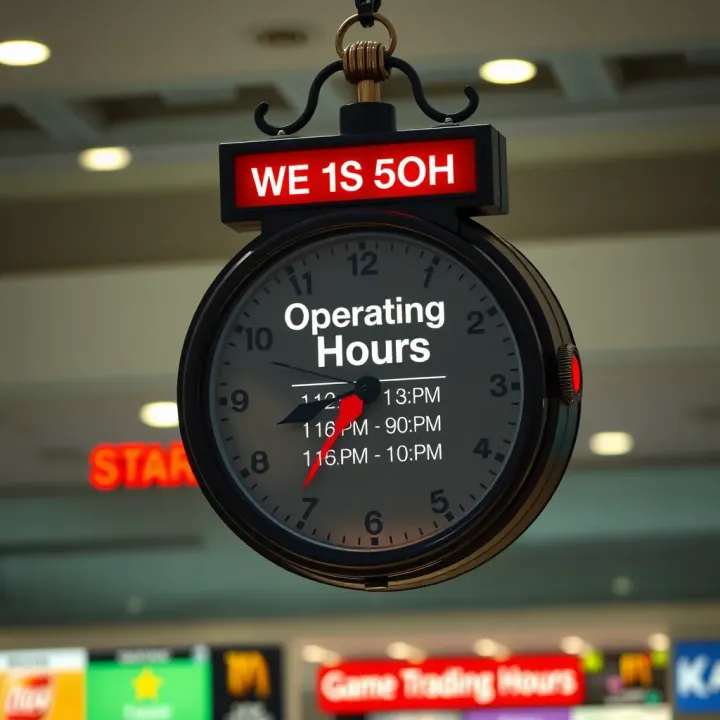Clock showing operating hours at Kolonnade Shopping Centre for game trading