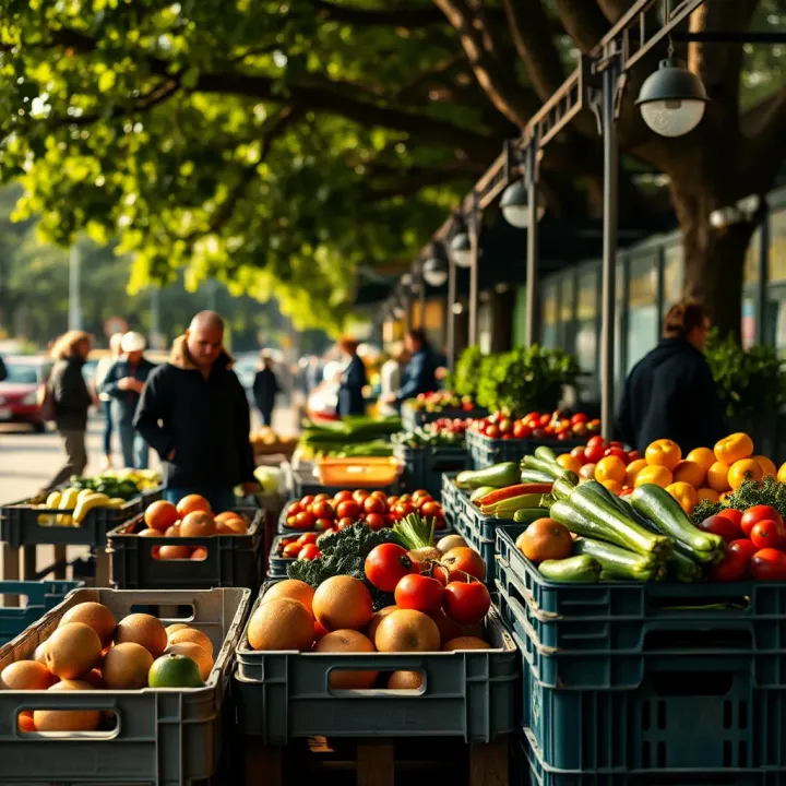 Shoppers browsing through neatly arranged crates of fresh produce under morning sunlight in a park setting