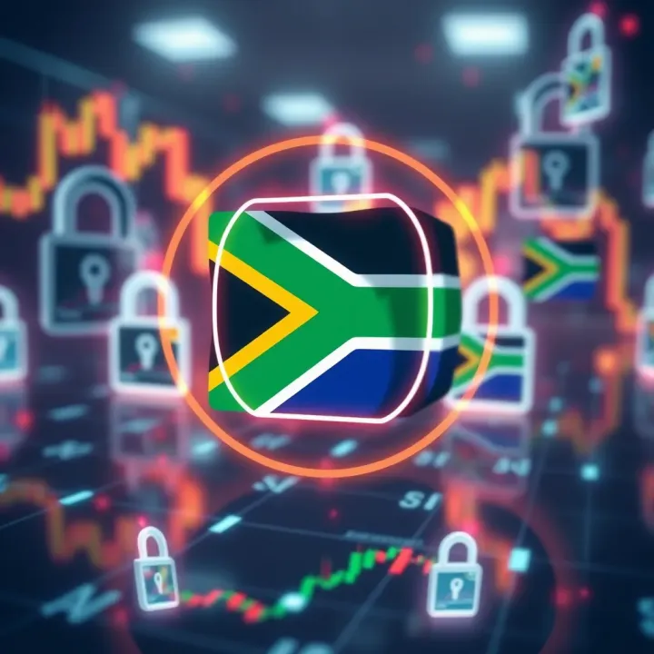 Illustration of secure digital transactions with lock icons and South African flag symbolizing local market protection