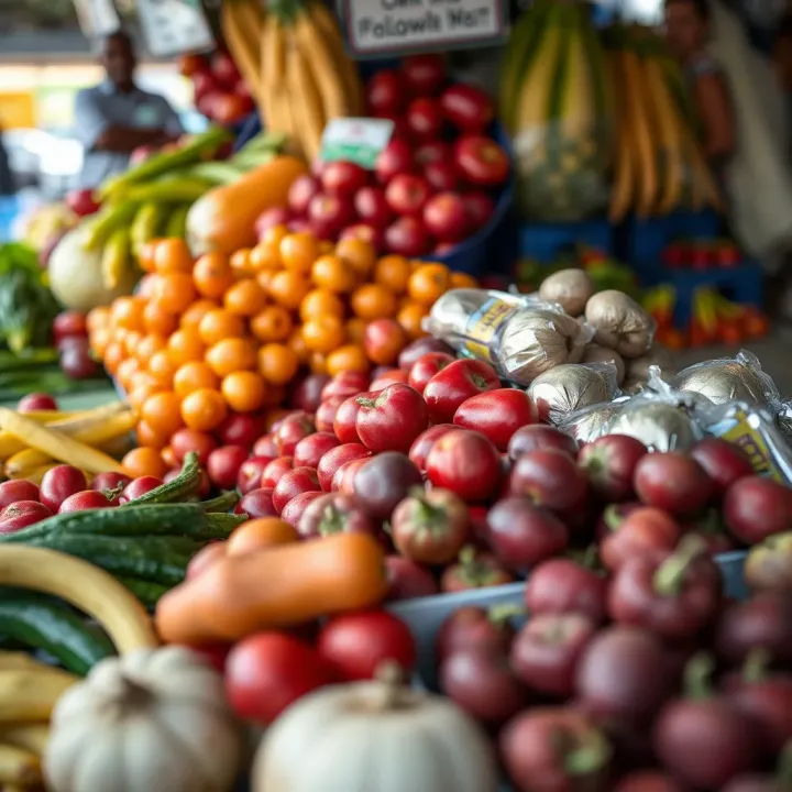 Colorful fresh fruits and vegetables displayed neatly at a vibrant Polokwane market stall