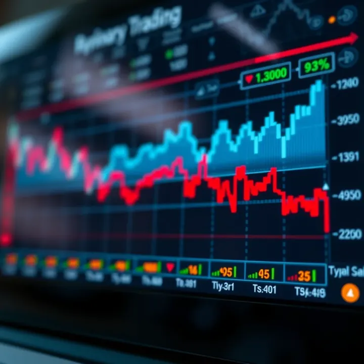 Graph displaying automated binary trading system performance with digital icons