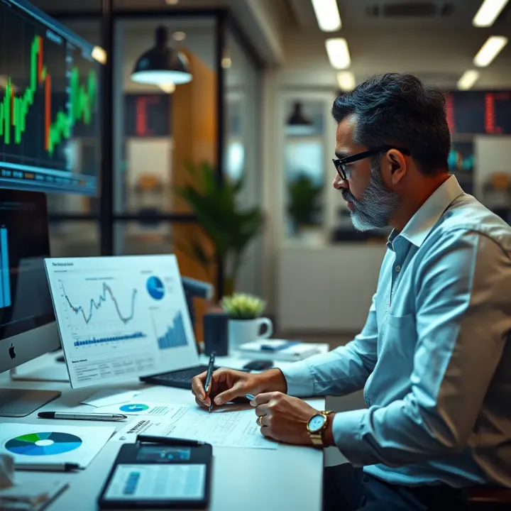 Professional working on risk assessment charts and data analysis in an office setting