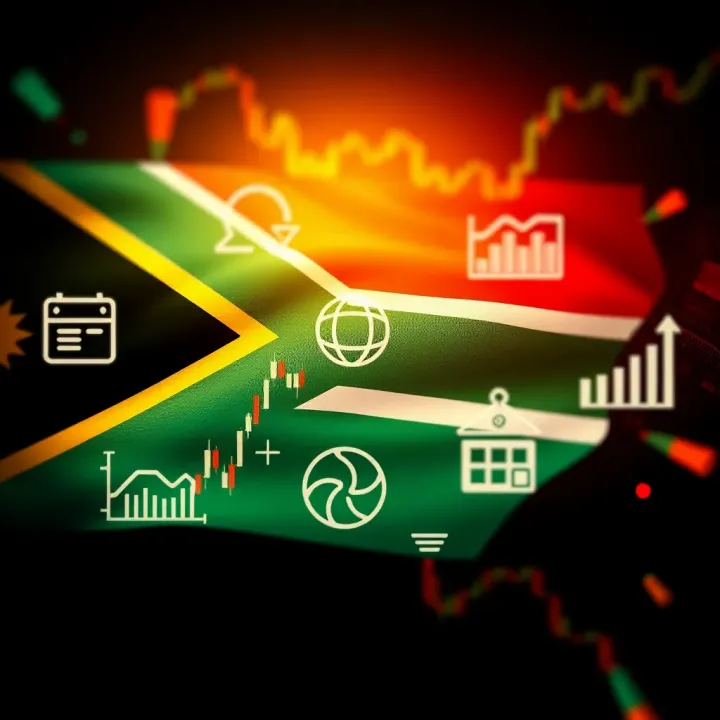 Illustration of South African flag overlayed with forex trading symbols and regulatory icons
