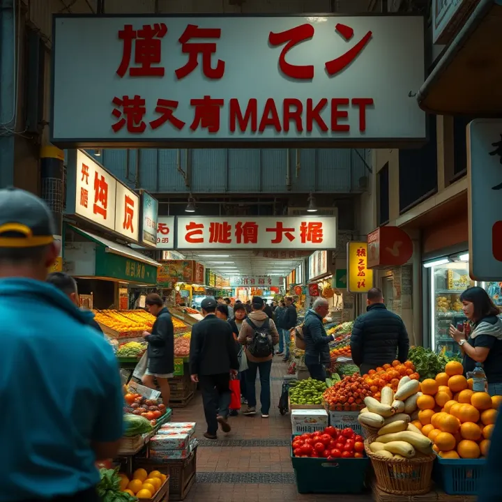 Entrance and busy trading area of Tokai Market showcasing vendors and buyers