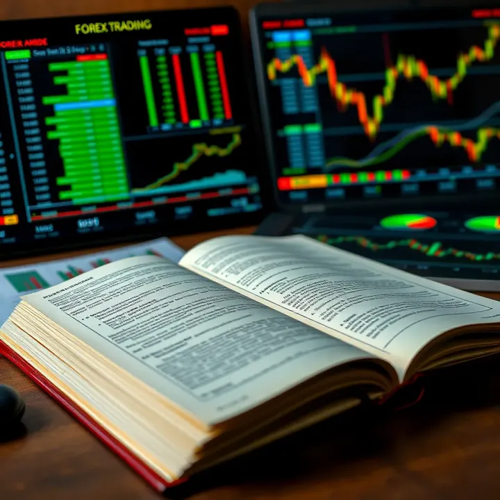 Open book with forex market charts and graphs beside it symbolizing trading knowledge