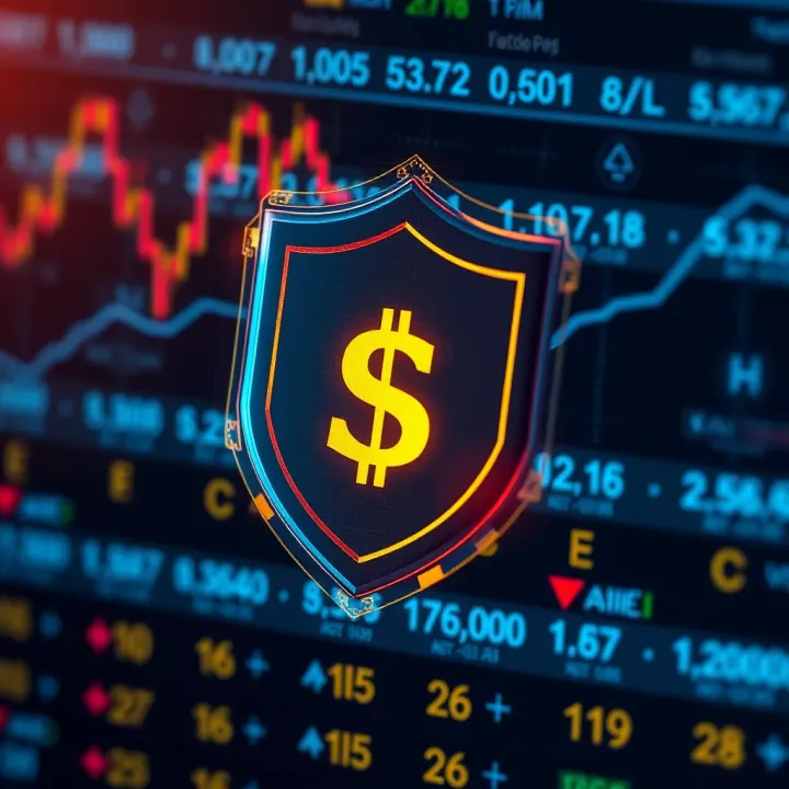 Security shield icon overlay on digital currency symbols representing safe forex trading