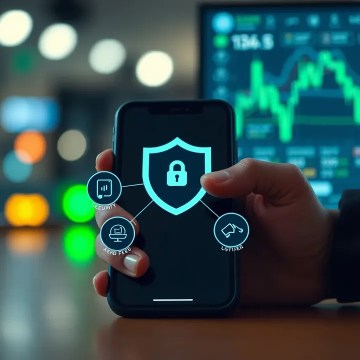 Illustration showing key features like security shield, low fees, and user-friendly design icons around a smartphone